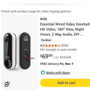 Arlo Wired Video Doorbell, Model AVD1001